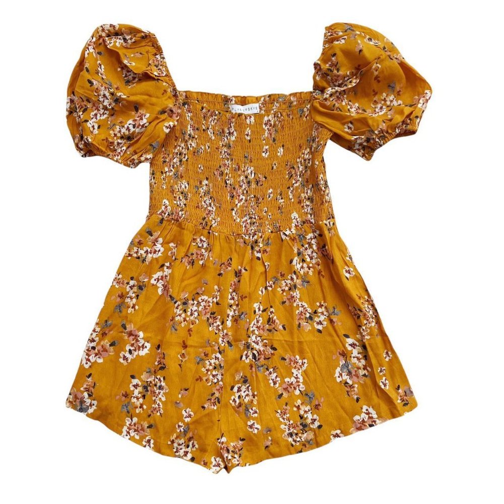 NWT Flynn Skye Justine Mustard Orange Springs Floral Smock Short Sleeve Romper S
